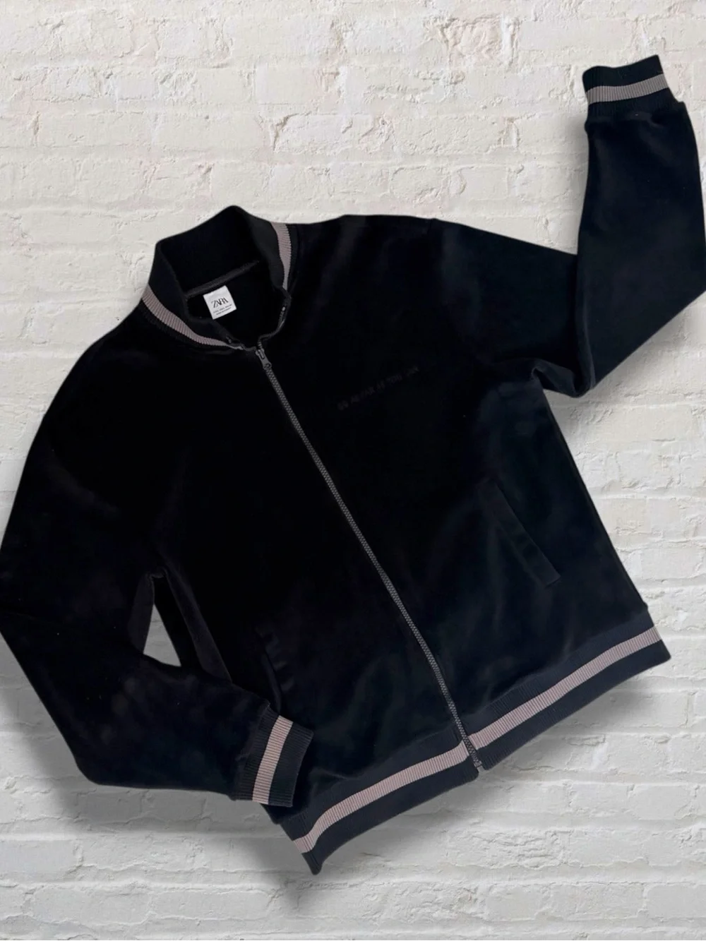 Zara Men Large Full Zip Track Jacket Black Go As Far As You Can Stripe Trim